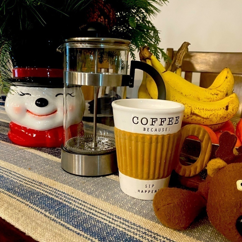 French Press Coffee Maker and Mud Pie Coffee Mug